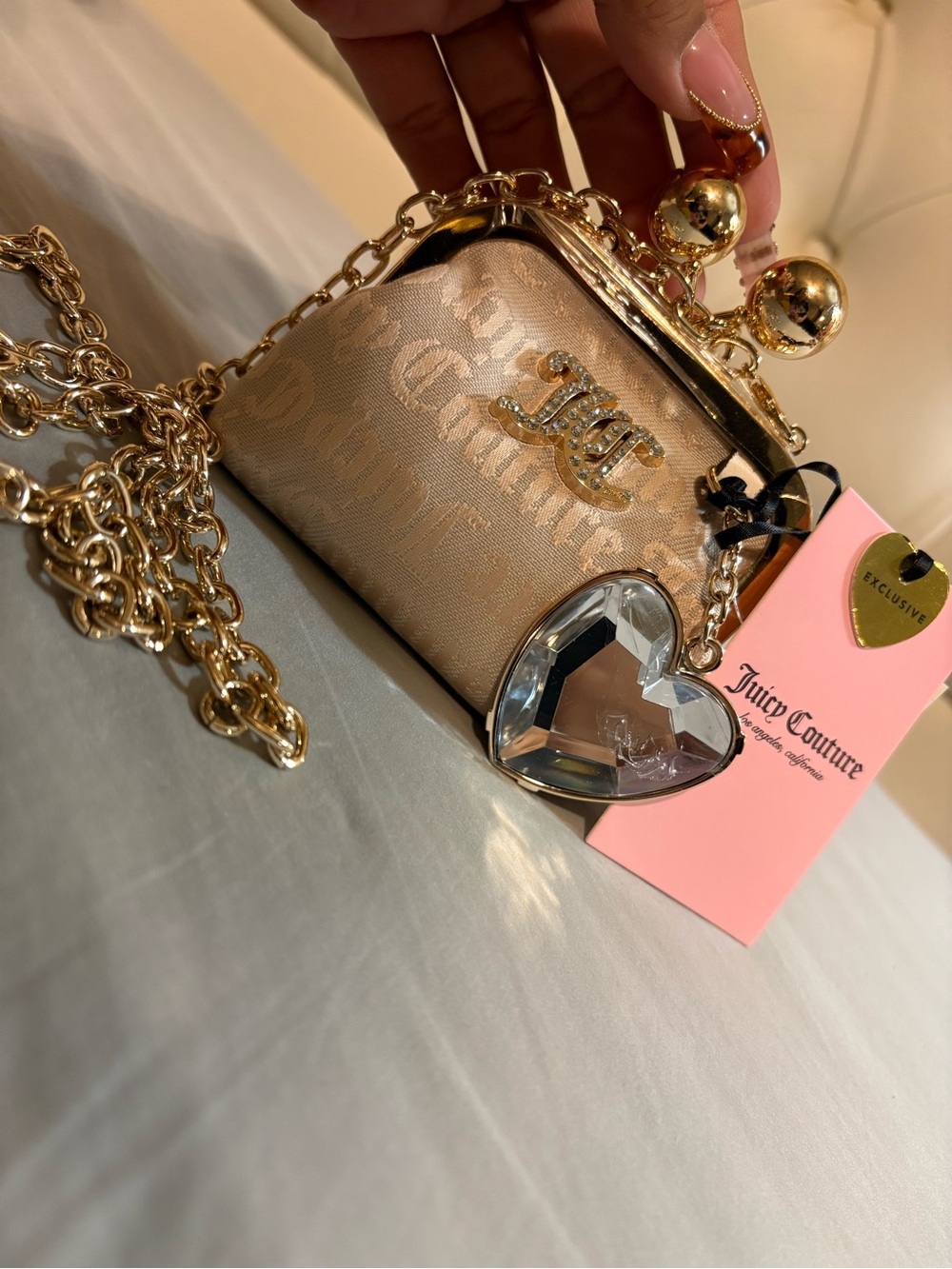 Juicy Couture Kiss lock Champagne Gold Mini Chain Shoulder Bag with Heart Charm